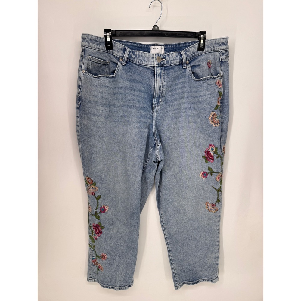 Lane Bryant Jeans Women 20 Blue EUC Floral Embroidered Mid-Rise Boyfriend Denim